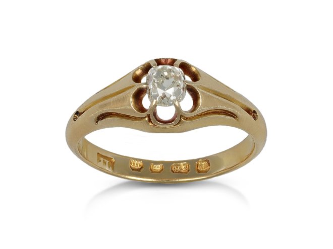 Victorian old mine diamond solitaire ring, English, 1867.