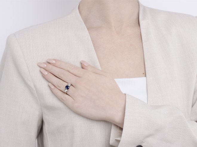 Sapphire and diamond three stone ring, circa 1910. 