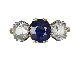 Sapphire and diamond three stone ring, circa 1910. 