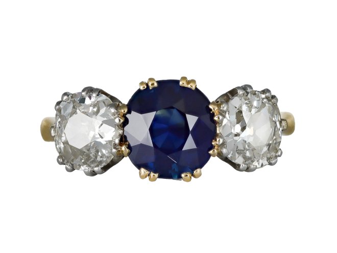 Sapphire and diamond three stone ring, circa 1910. 