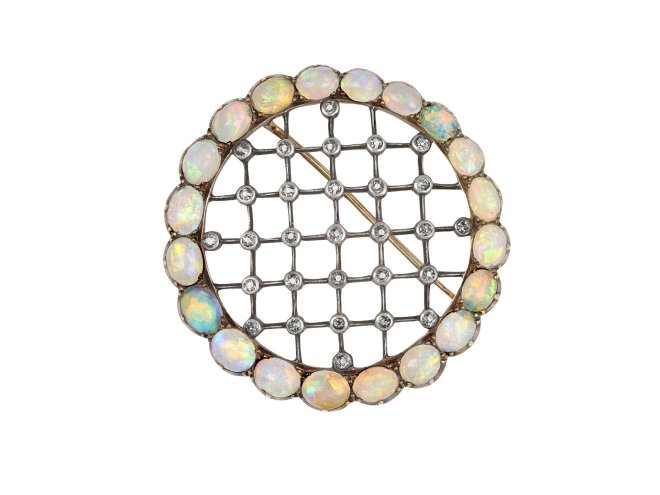 Victorian opal and diamond lattice brooch, circa 1900.