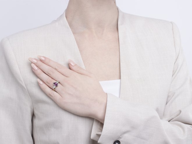 Burmese pink sapphire and diamond three stone ring, circa 1915. 