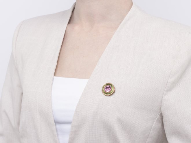 Pink topaz, enamel and pearl brooch, circa 1890.