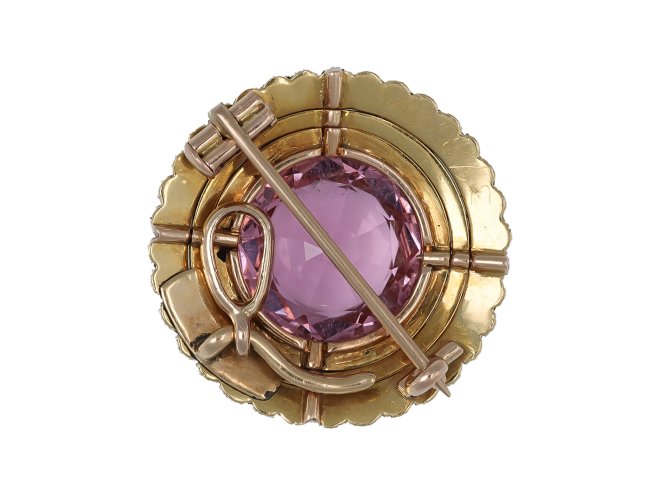 Pink topaz, enamel and pearl brooch, circa 1890.