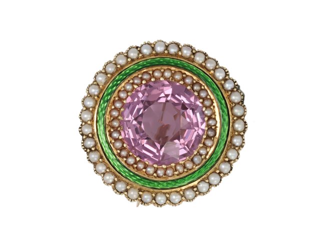 Pink topaz, enamel and pearl brooch, circa 1890.