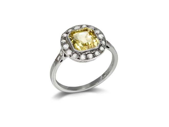 Yellow sapphire and diamond cluster ring, circa 1925.