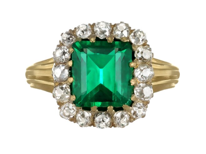 Colombian emerald and diamond coronet cluster ring, circa 1890. 