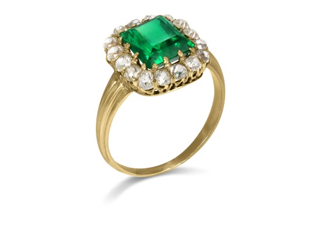 Colombian emerald and diamond coronet cluster ring, circa 1890. 