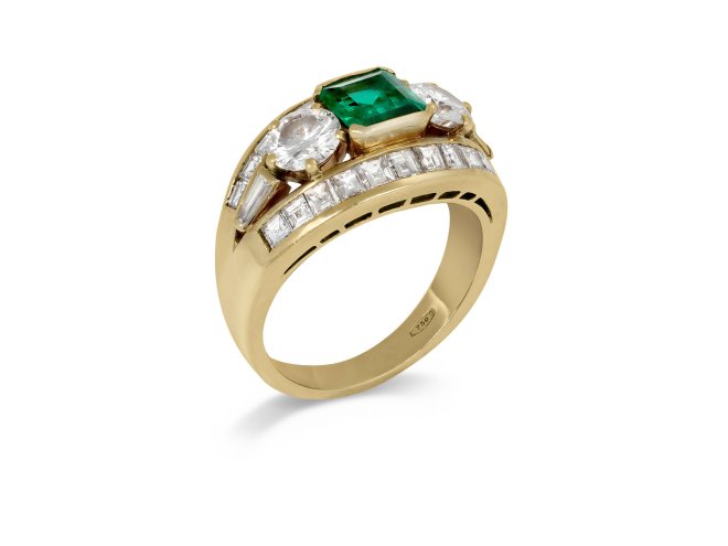 Colombian emerald and diamond ring, circa 1970.