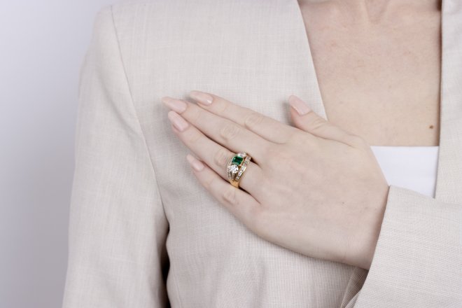 Colombian emerald and diamond ring, circa 1970.