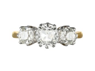 Edwardian diamond three stone ring, circa 1905. 