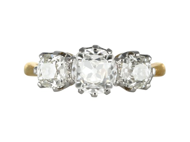 Edwardian diamond three stone ring, circa 1905. 