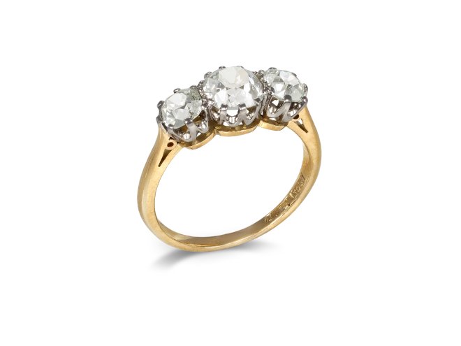 Edwardian diamond three stone ring, circa 1905. 