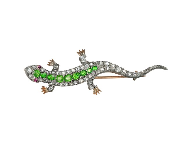 Demantoid garnet and diamond lizard brooch, circa 1880.