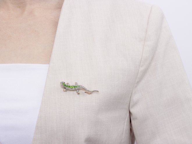 Demantoid garnet and diamond lizard brooch, circa 1880.