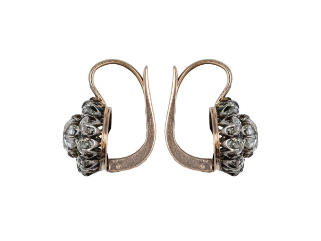 Old mine diamond cluster earrings, circa 1880. 