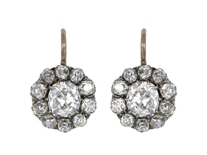 Old mine diamond cluster earrings, circa 1880. 