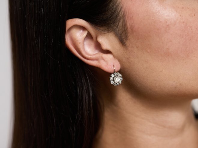 Old mine diamond cluster earrings, circa 1880. 