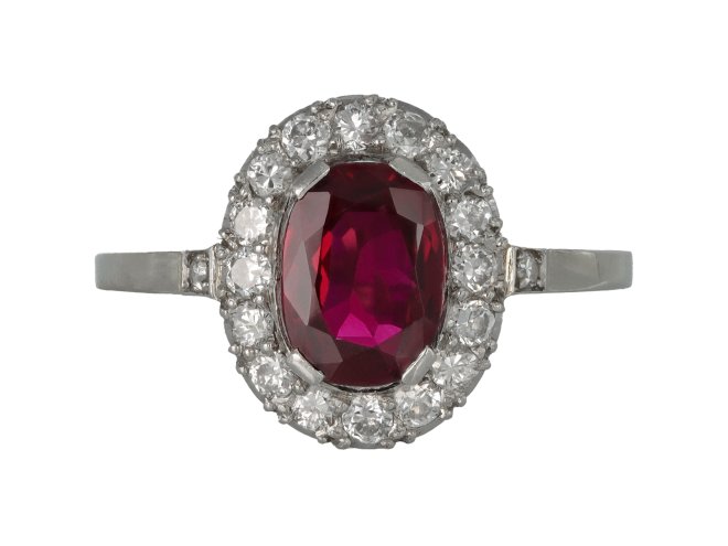 Burmese ruby and diamond coronet cluster ring, circa 1950.