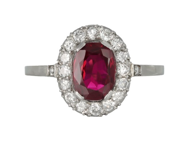 Burmese ruby and diamond coronet cluster ring, circa 1950.