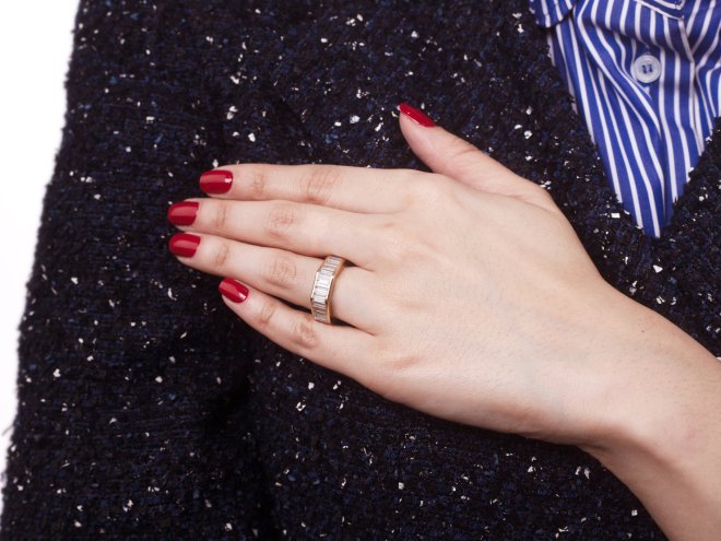 Baguette cut diamond eternity ring, circa 1970.