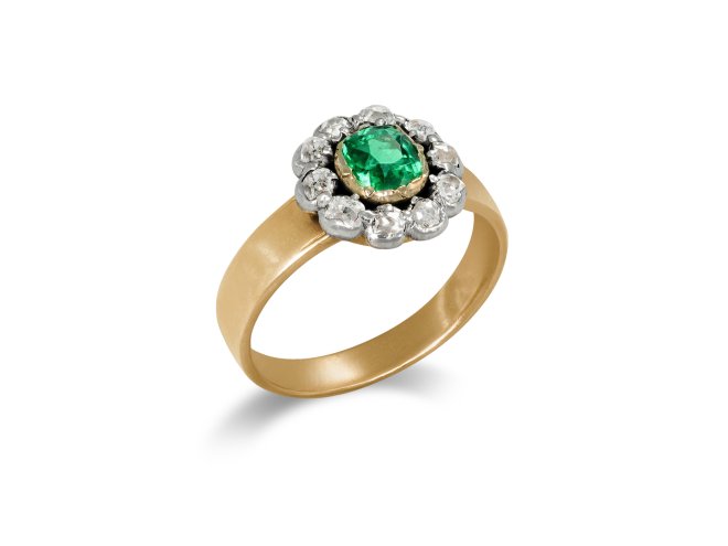 Emerald and diamond coronet cluster ring, circa 1870.