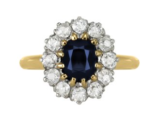 Edwardian sapphire and diamond coronet cluster ring, circa 1910. 