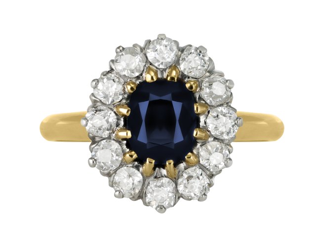 Edwardian sapphire and diamond coronet cluster ring, circa 1910. 