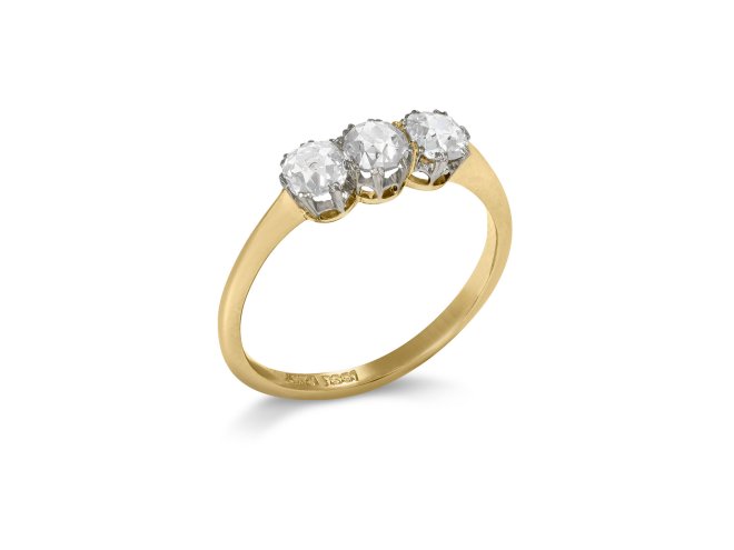 Edwardian diamond three stone ring, circa 1905. 