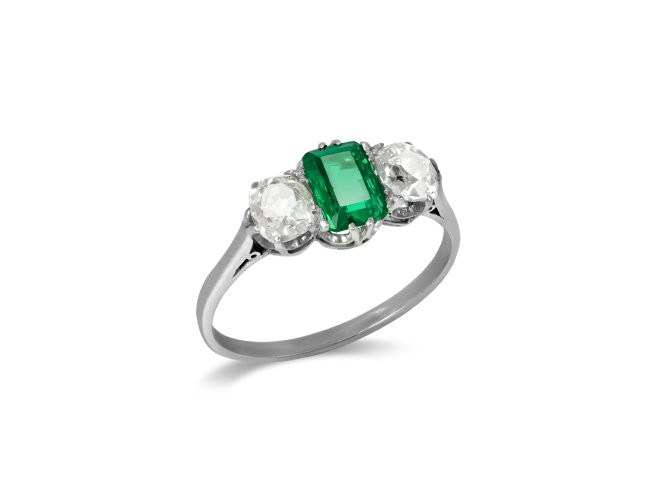 Colombian emerald diamond three stone ring, circa 1920.