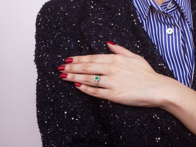 Emerald and diamond coronet cluster ring, circa 1950.