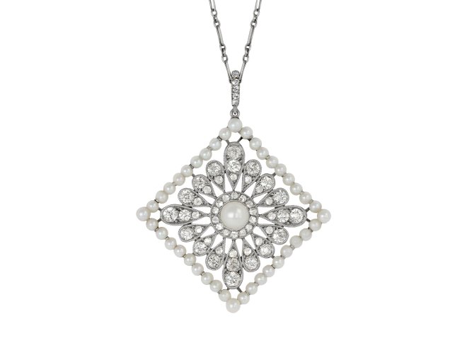 Cartier natural pearl and diamond pendant, American, circa 1920.