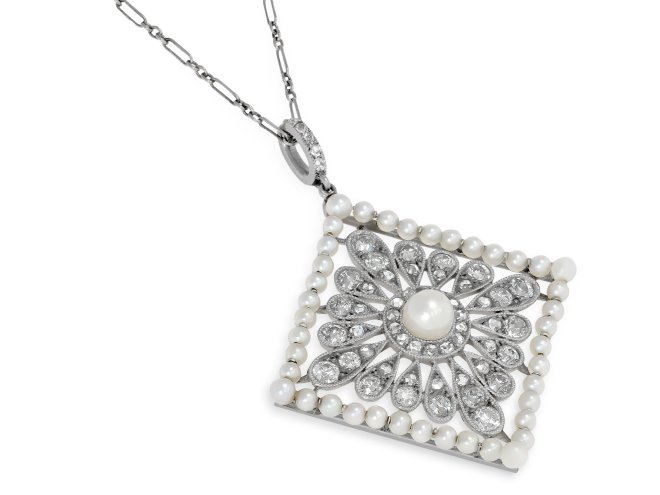 Cartier natural pearl and diamond pendant, American, circa 1920.