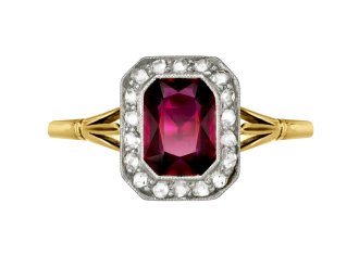 Ruby and diamond coronet cluster ring, circa 1915. 