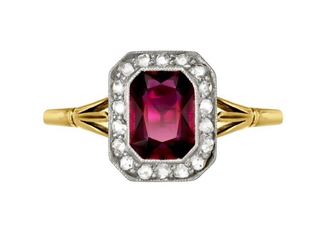 Ruby and diamond coronet cluster ring, circa 1915. 