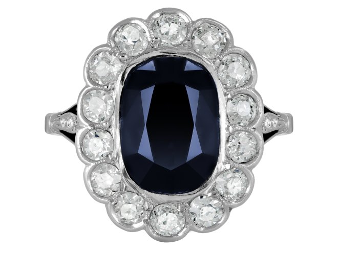 Sapphire and diamond coronet cluster ring, circa 1915.