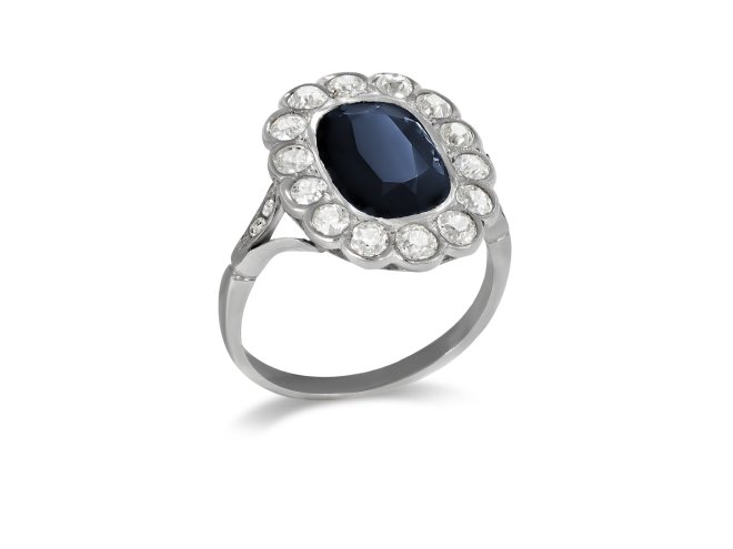 Sapphire and diamond coronet cluster ring, circa 1915.