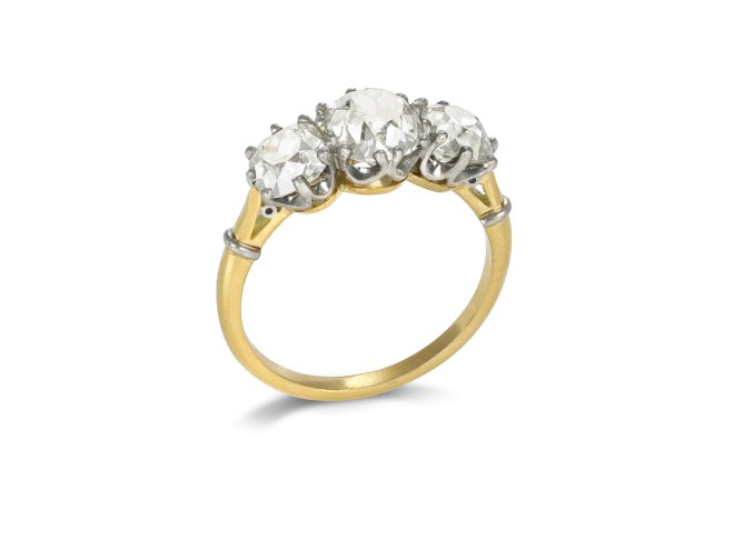 Old mine diamond three stone ring, circa 1910.