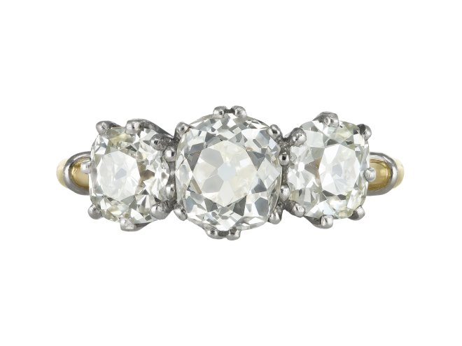 Old mine diamond three stone ring, circa 1910.
