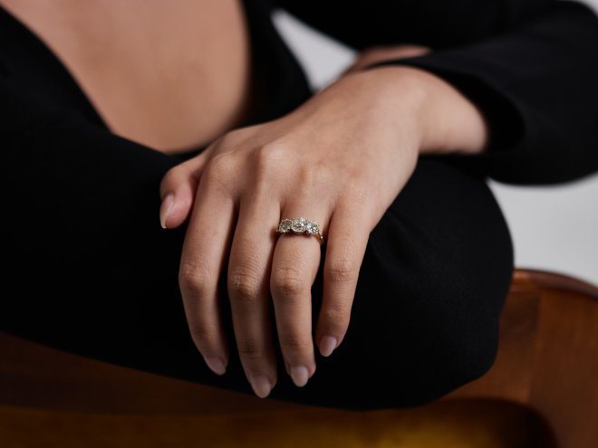 Old mine diamond three stone ring, circa 1910.