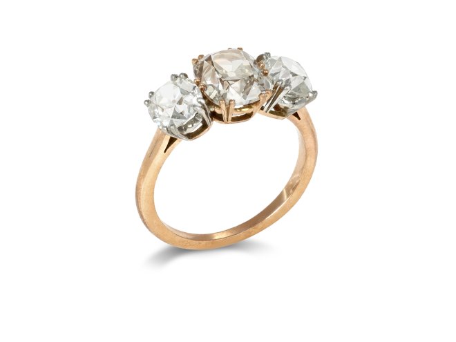 Fancy Light Brown three stone diamond ring.