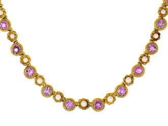 Pink Burmese sapphire and pearl necklace, circa 1880.