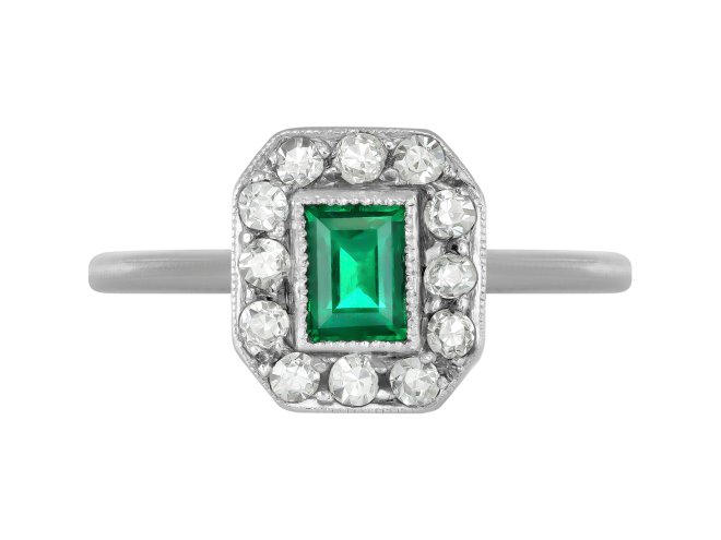 Emerald and diamond cluster ring, circa 1930.
