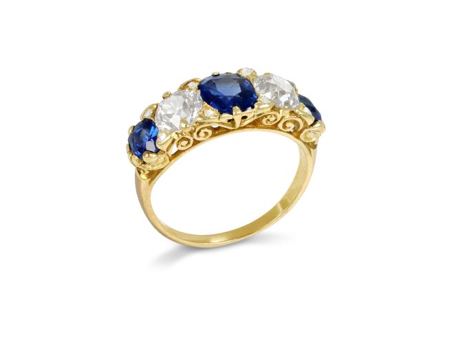 Victorian sapphire and diamond five stone ring, circa 1900.