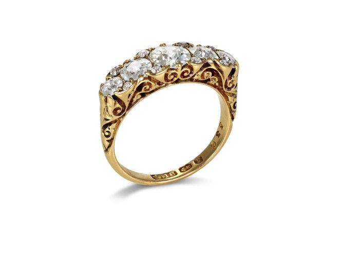 Victorian diamond five stone ring, English,1898.