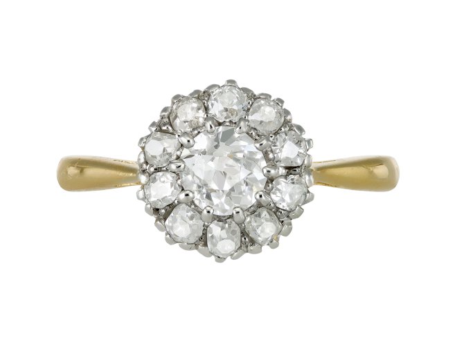 Old cut diamond coronet cluster ring, circa 1910. 