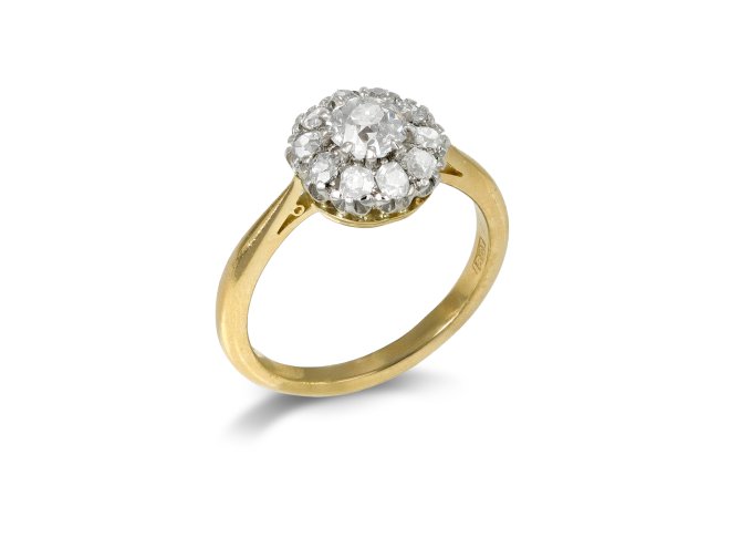 Old cut diamond coronet cluster ring, circa 1910. 