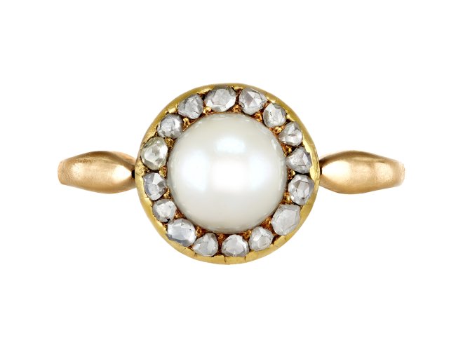 Pearl and diamond coronet cluster ring, English, circa 1905