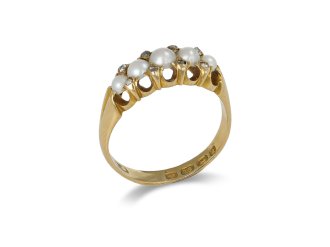 Pearl and diamond five stone ring, English, 1900. 