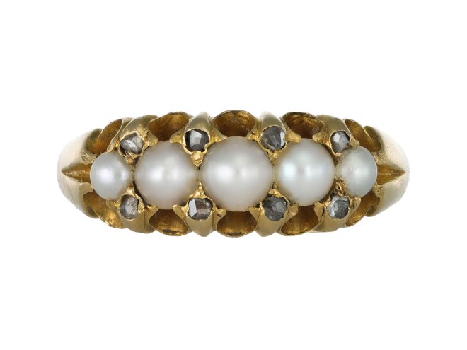 Pearl and diamond five stone ring, English, 1900. 